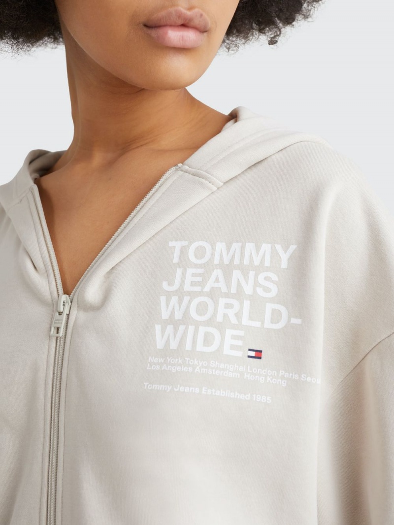 Tommy Hilfiger Logo Cropped Zip-Thru Hoodie Dam Beige | 286-QJSMOC