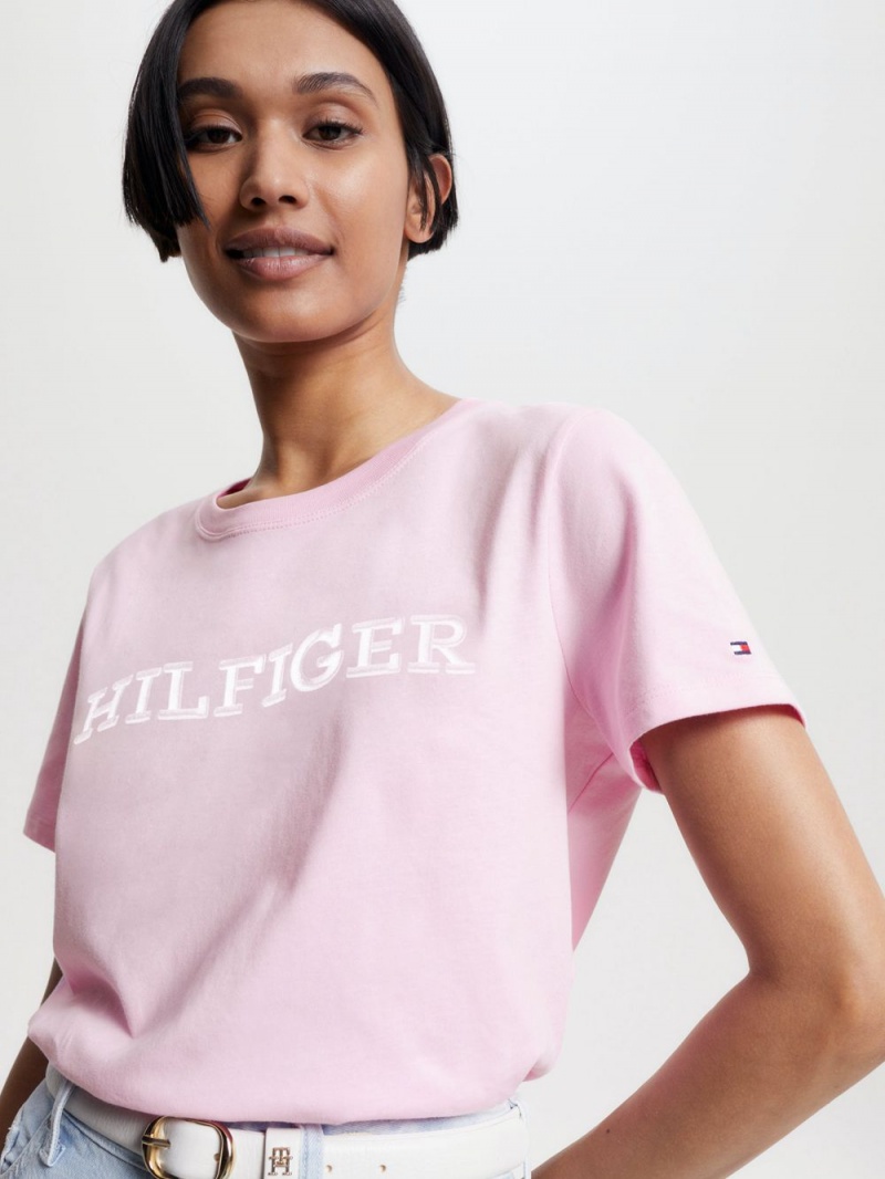 Tommy Hilfiger Logo Embroidery Jersey T-shirt Dam Rosa | 910-FHMDLS