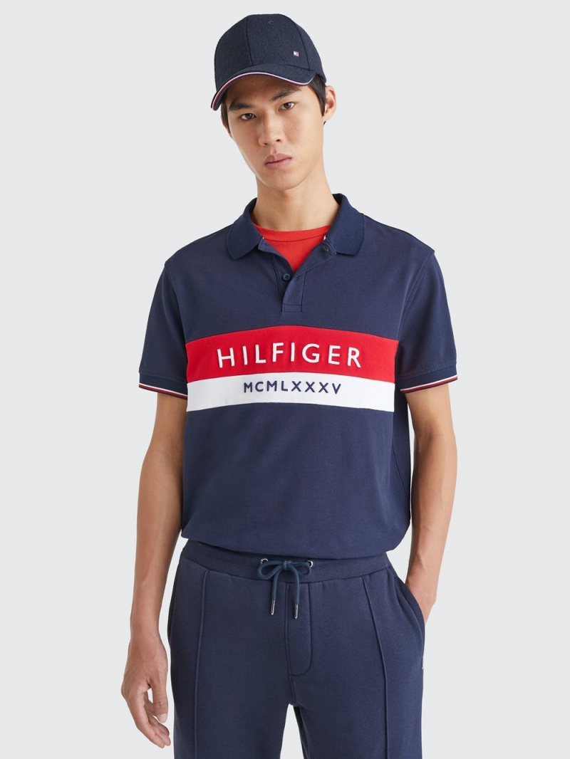 Tommy Hilfiger Logo Embroidery Regular Fit Piketröja Herr Marinblå | 106-IDPVYR