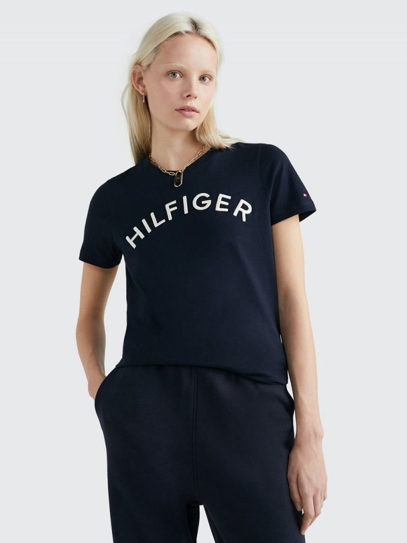 Tommy Hilfiger Logo Embroidery T-shirt Dam Marinblå | 256-YHORVA