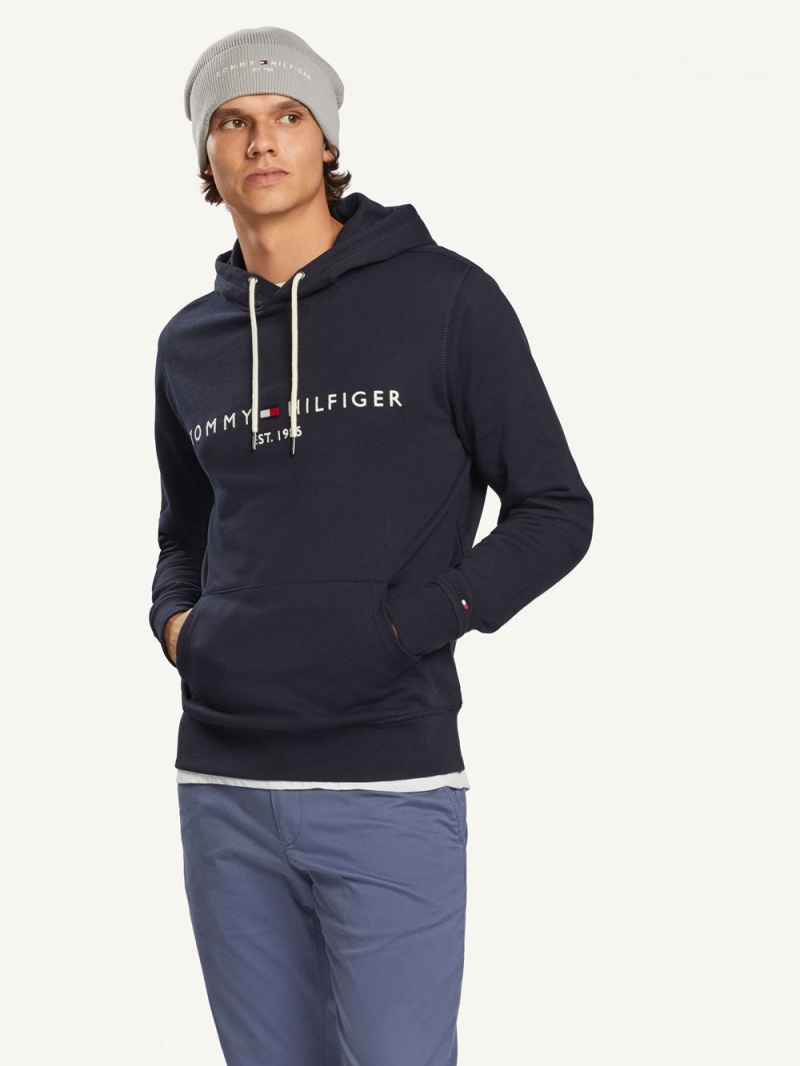 Tommy Hilfiger Logo Hoodie Herr Marinblå | 107-OLIDSF