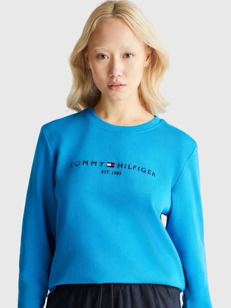 Tommy Hilfiger Logo Organic Bomull Crew Neck Tröjor Dam Blå | 031-PGDJWQ