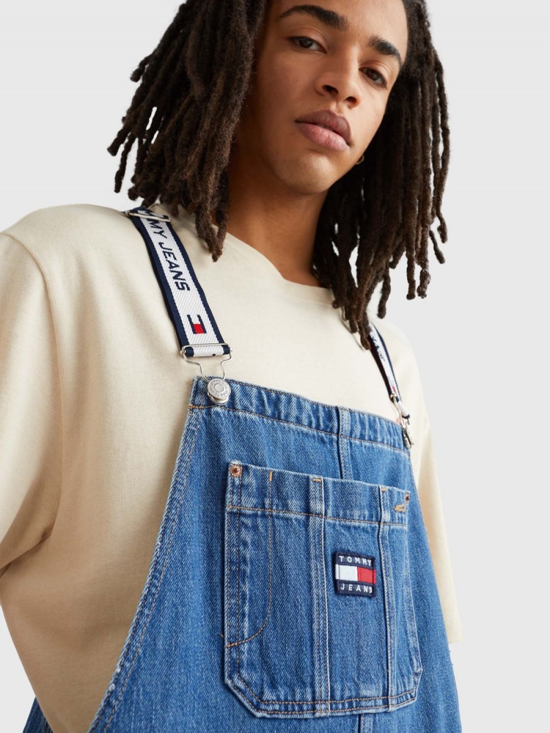 Tommy Hilfiger Logo Rem Denim Dungarees Jeans Herr Blå | 652-UHMDTS