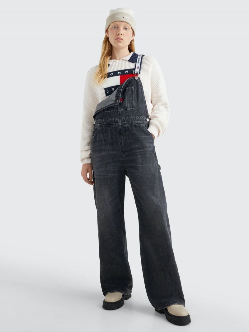 Tommy Hilfiger Logo Rem Denim Dungarees Jeans Dam Svarta | 769-OWGBPV