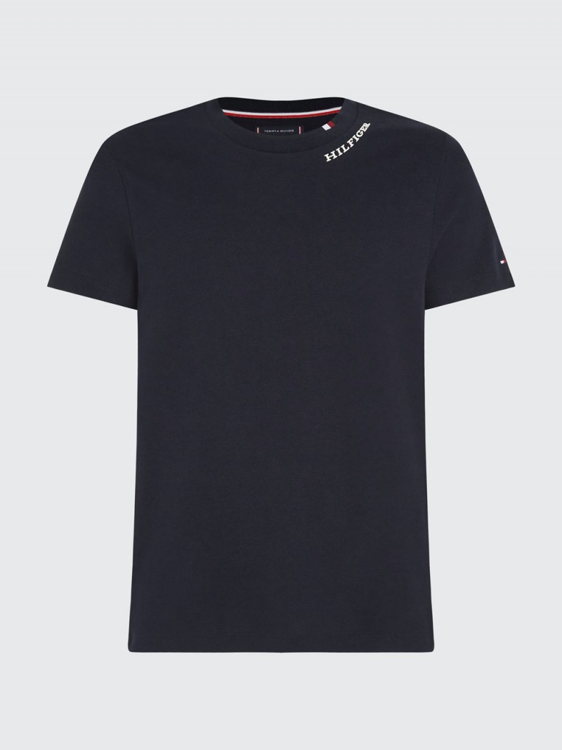 Tommy Hilfiger Logo Slim Fit Pique T-shirt Herr Marinblå | 593-ODWPKB