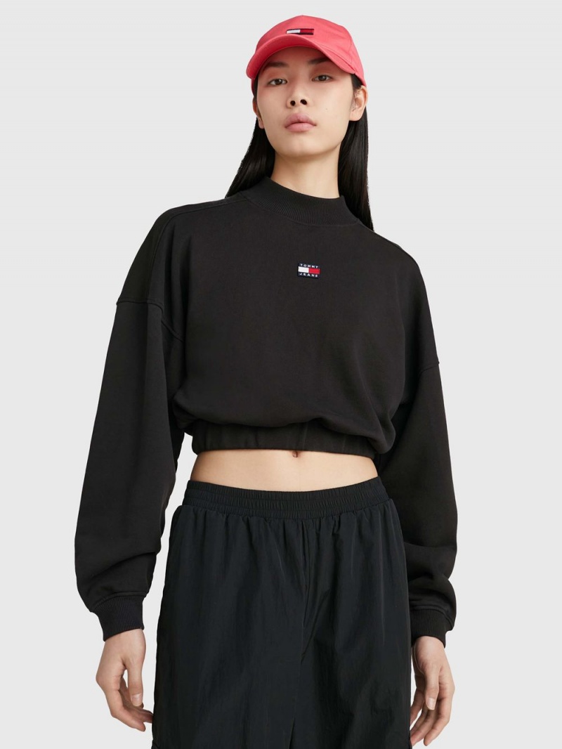 Tommy Hilfiger Mock Neck Badge Boxy Cropped Tröjor Dam Svarta | 935-KDZLMC