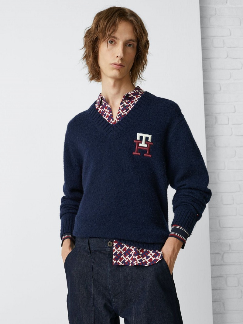 Tommy Hilfiger Monogram Brushed Ull Relaxed Jumpers Herr Marinblå | 170-BZPVUI