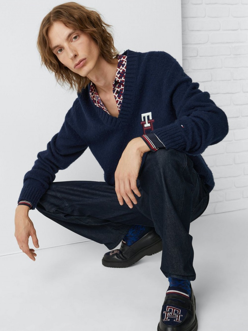 Tommy Hilfiger Monogram Brushed Ull Relaxed Jumpers Herr Marinblå | 170-BZPVUI