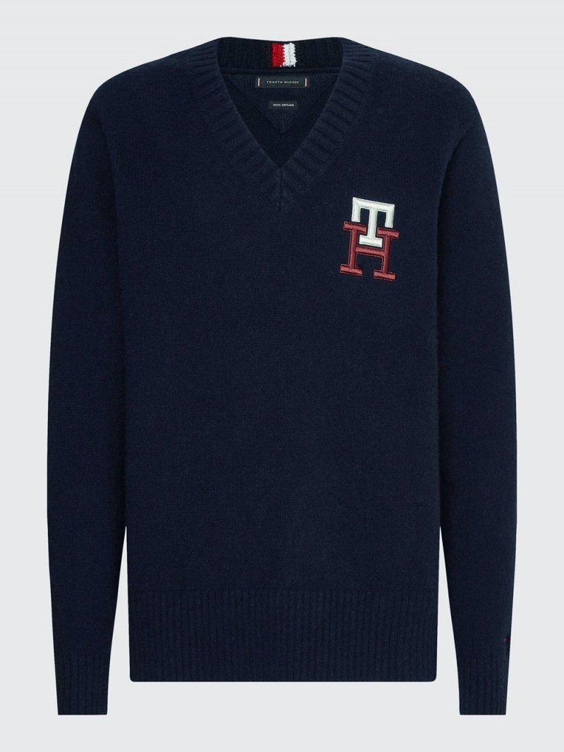 Tommy Hilfiger Monogram Brushed Ull Relaxed Jumpers Herr Marinblå | 170-BZPVUI