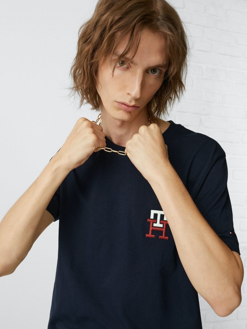 Tommy Hilfiger Monogram Essential Embroidery T-shirt Herr Marinblå | 137-ZKDCLA