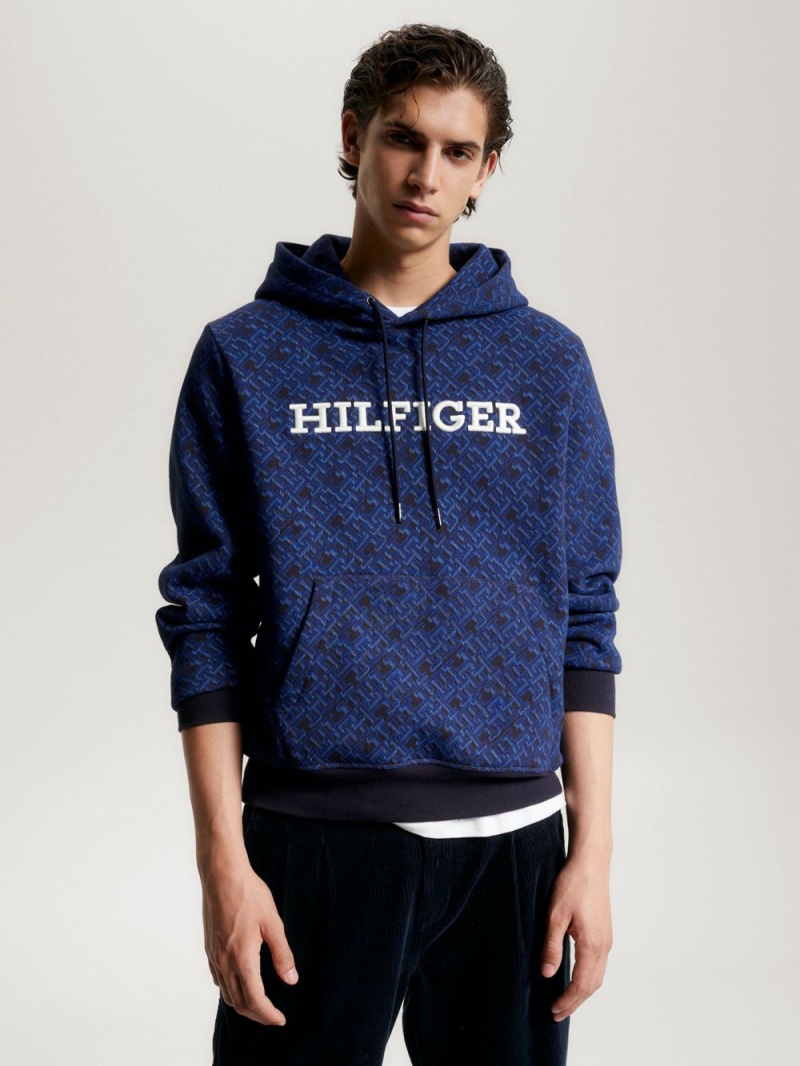 Tommy Hilfiger Monogram Print Hoodie Herr Marinblå | 495-FDBRTY