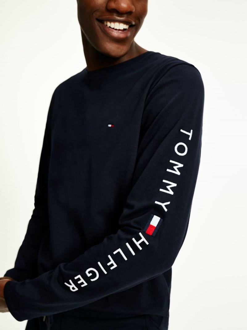 Tommy Hilfiger Organic Jersey Logo Long Sleeve T-shirt Herr Marinblå | 189-FNYJDP