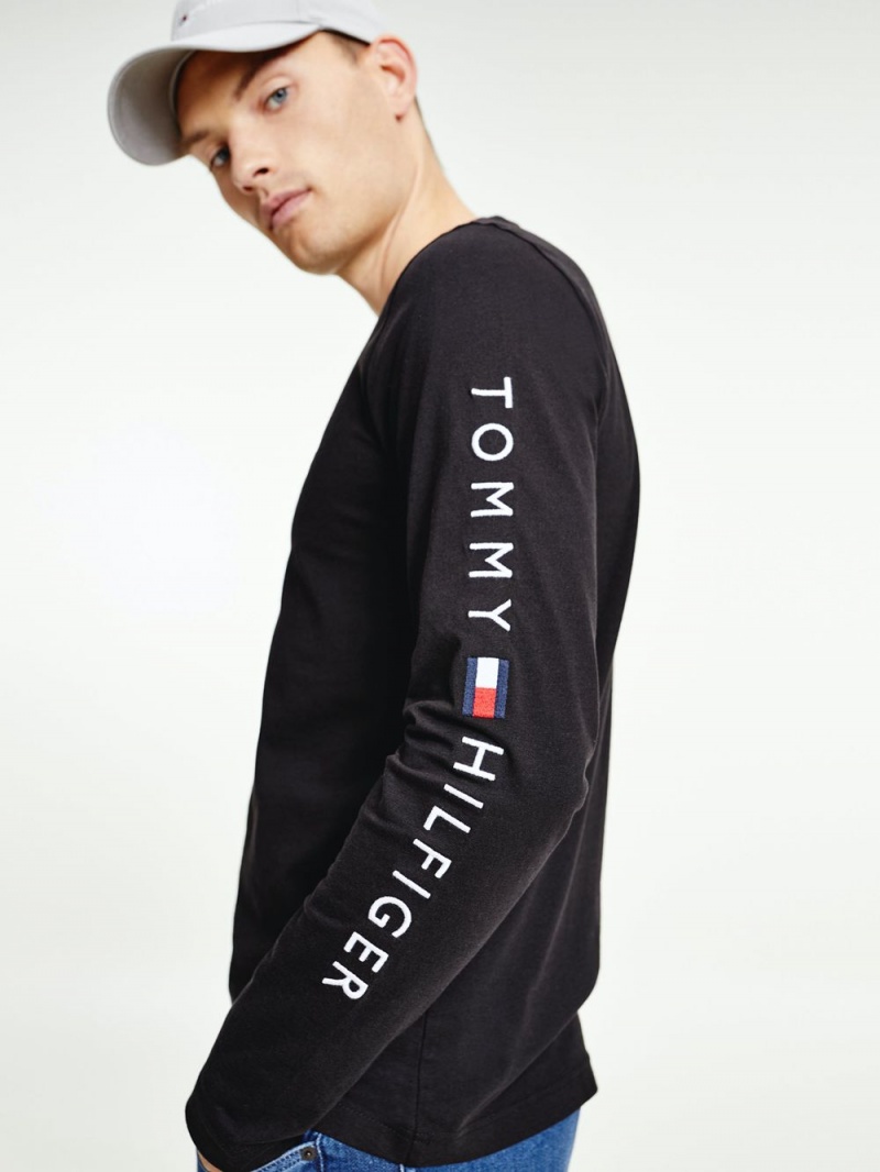 Tommy Hilfiger Organic Jersey Logo Long Sleeve T-shirt Herr Svarta | 736-LMICRJ