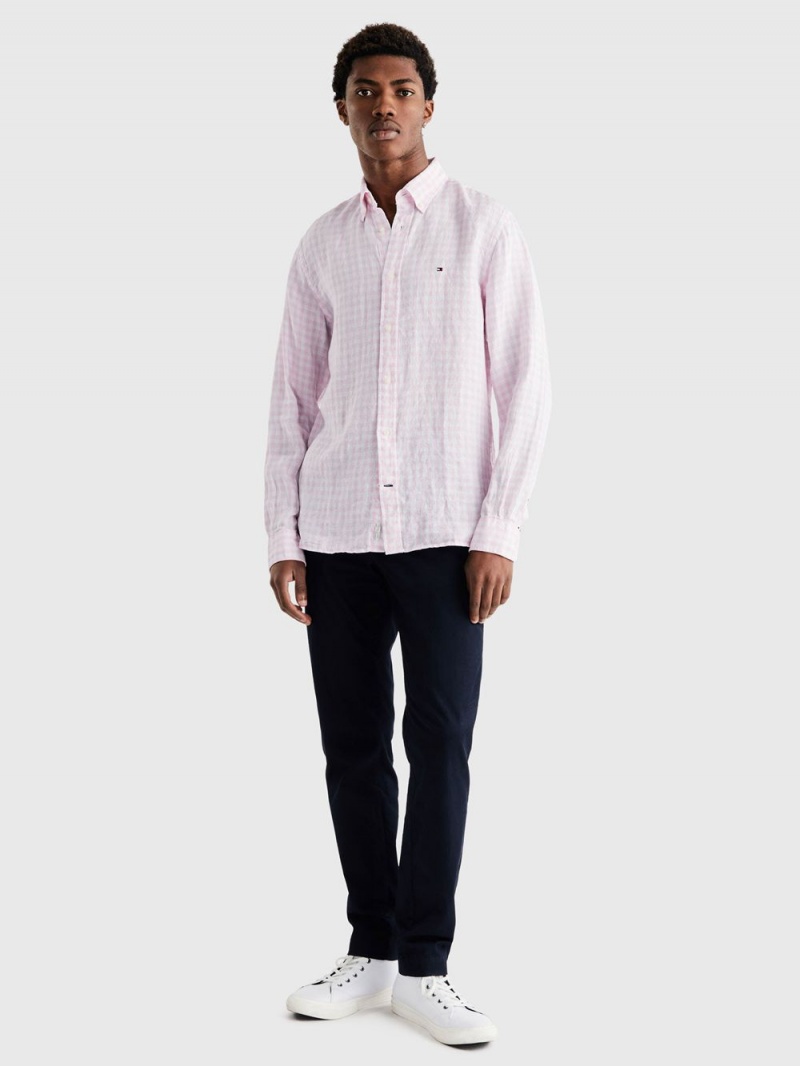 Tommy Hilfiger Premium Linen Gingham Skjorta Herr Rosa | 108-ESNXGZ