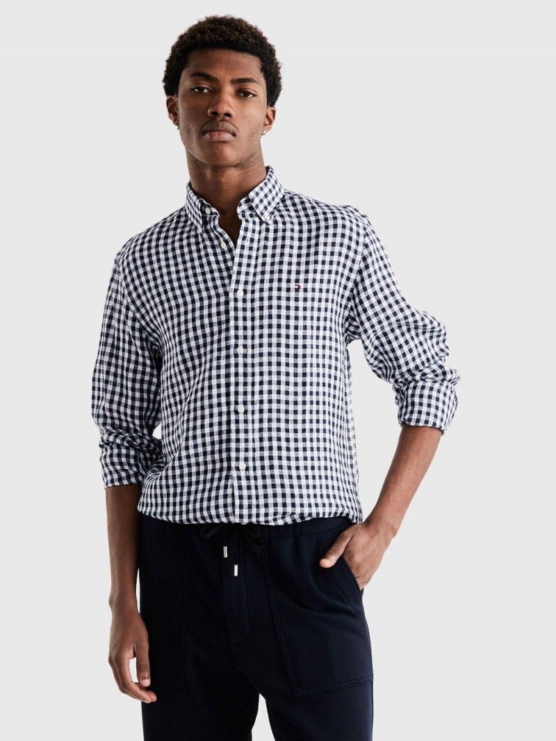 Tommy Hilfiger Premium Linen Gingham Skjorta Herr Blå Vita | 317-HXUJFV