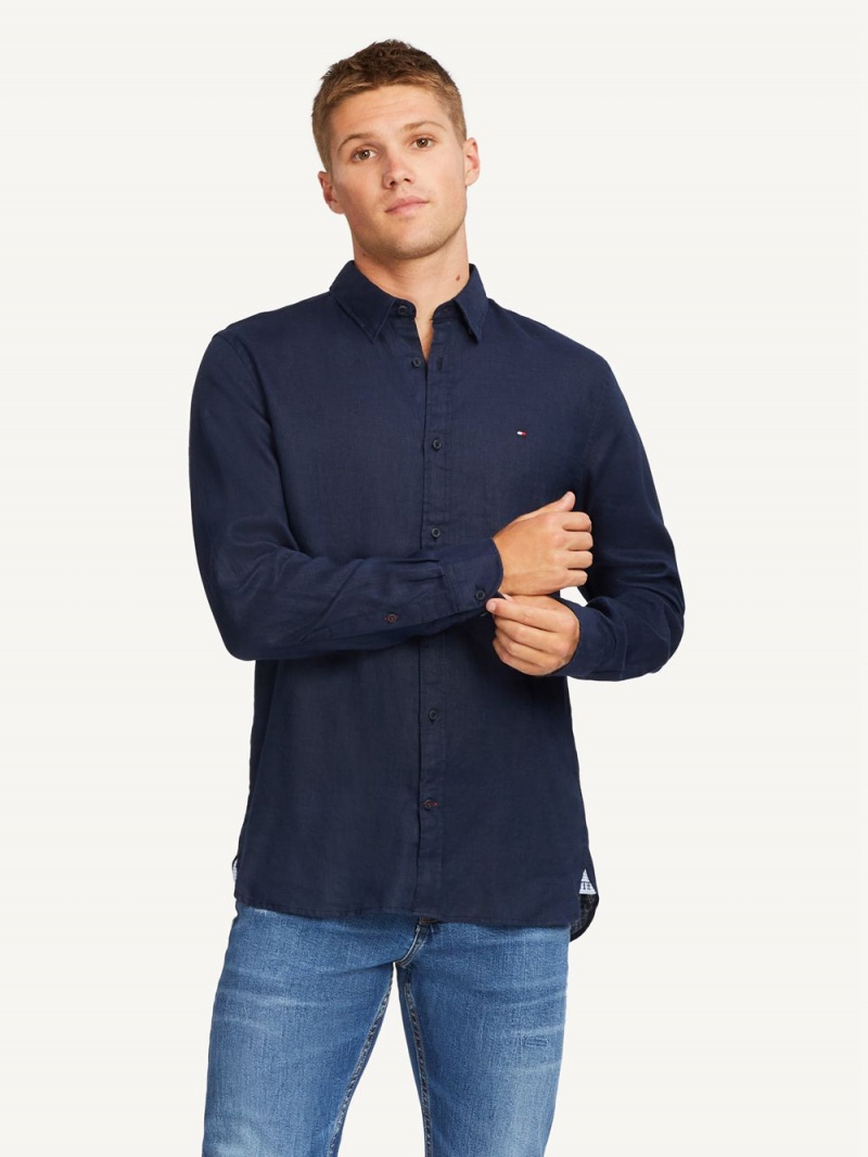 Tommy Hilfiger Premium Linen L/S Skjorta Herr Marinblå | 312-EAORHM