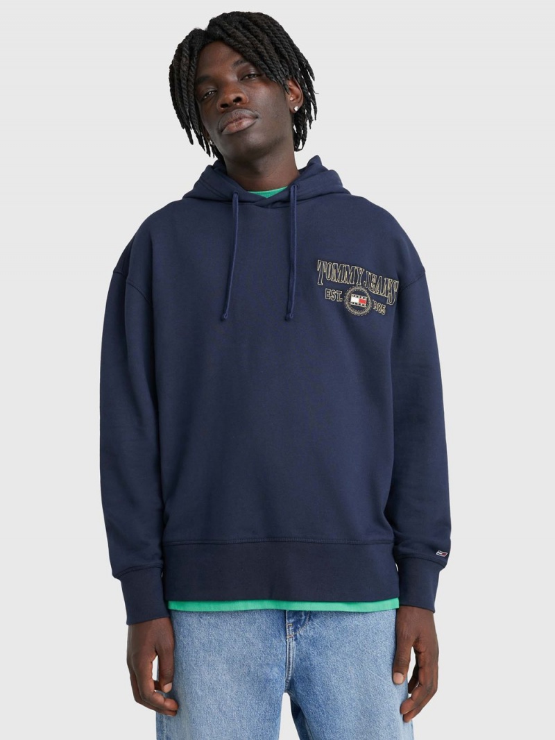 Tommy Hilfiger Relaxed Fit Logo Hoodie Herr Marinblå | 094-NHBUAD