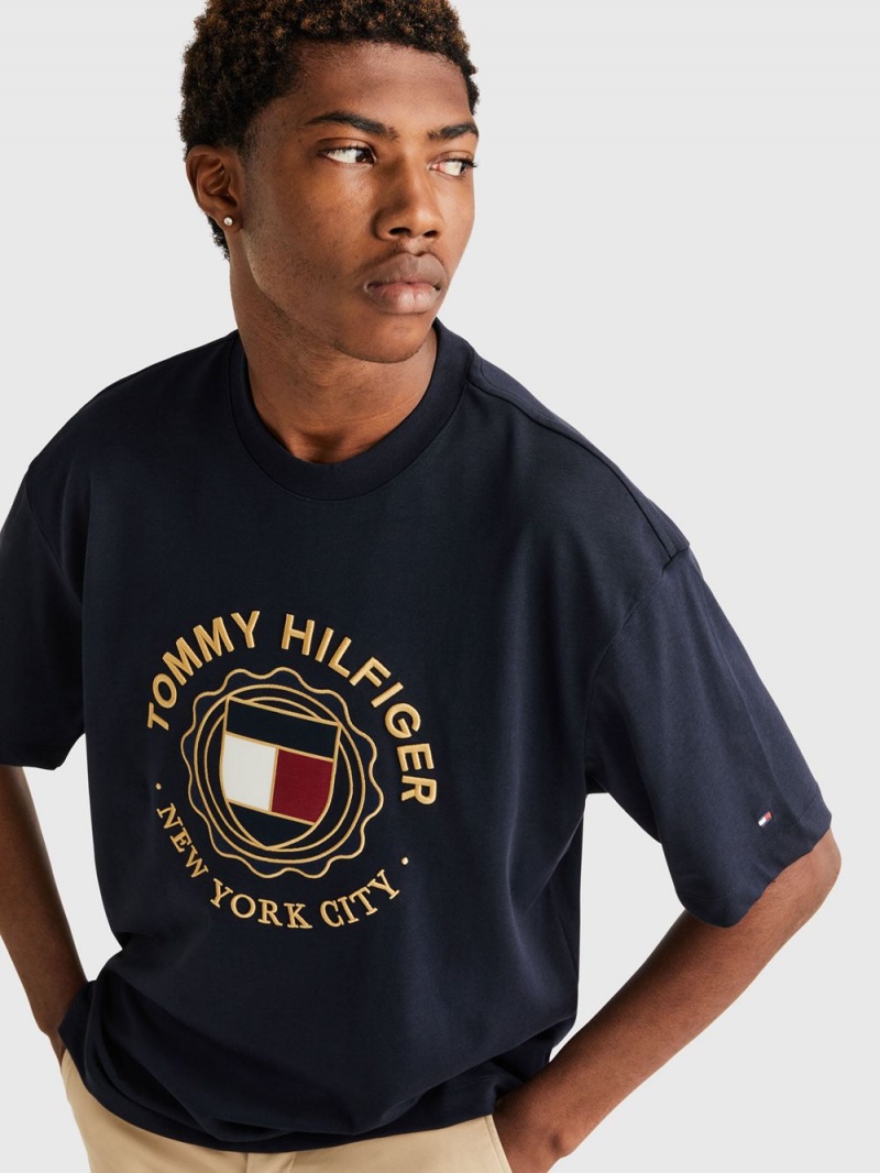 Tommy Hilfiger Roundall Gold T-shirt Herr Marinblå | 453-SGVDJE