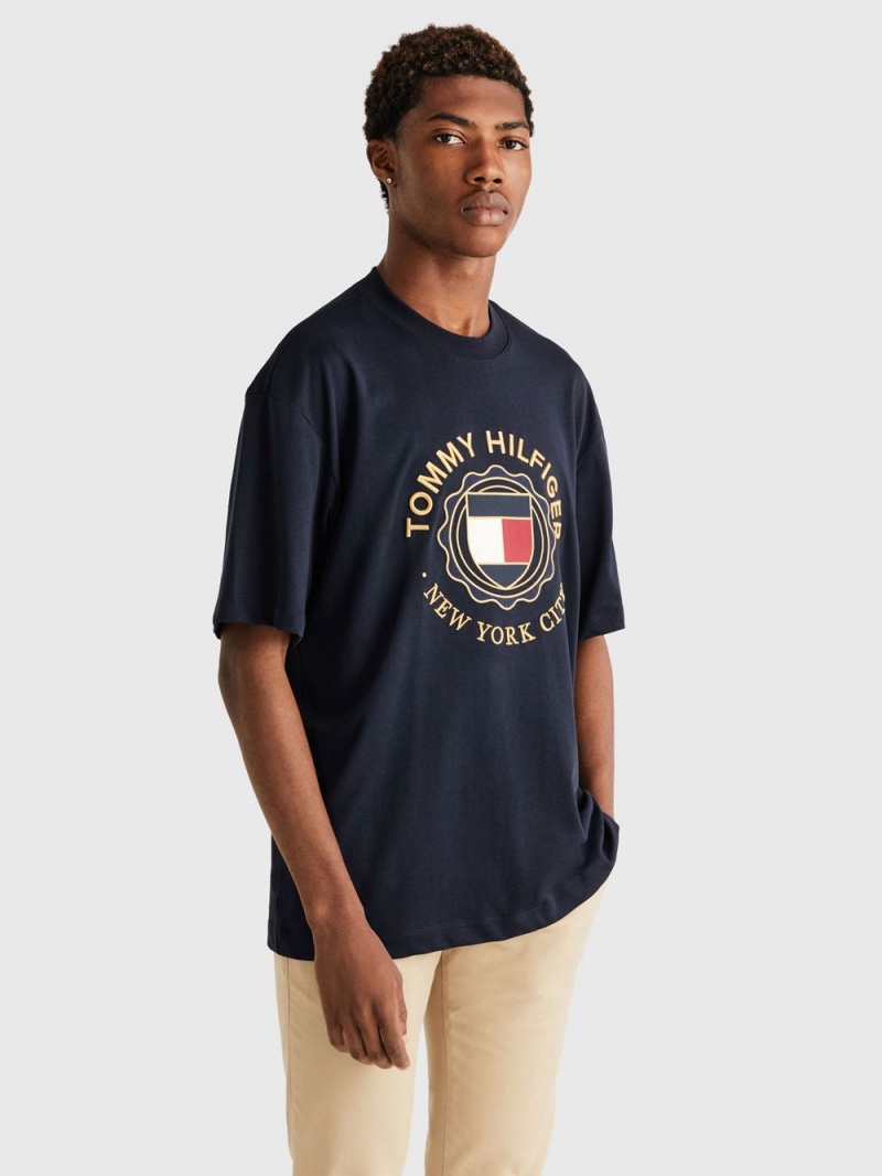 Tommy Hilfiger Roundall Gold T-shirt Herr Marinblå | 453-SGVDJE