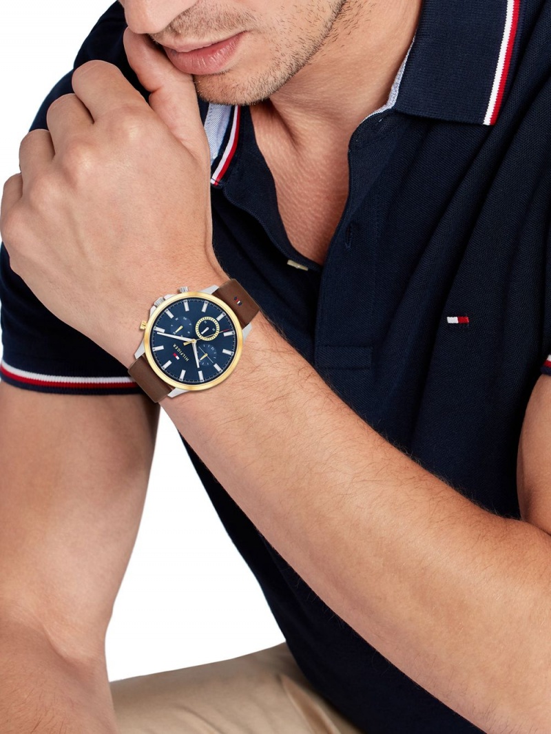 Tommy Hilfiger Ryder Brown Calfskin Navy Dial Klocka Herr Marinblå | 490-RXIUWB