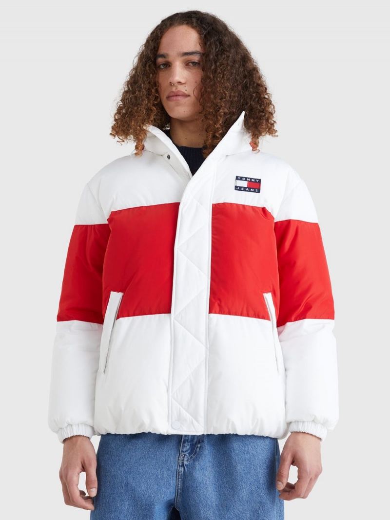 Tommy Hilfiger Shiny Colour-Blocked Oversized Puffer Jackor Herr Vita Röda | 704-BWEAXY