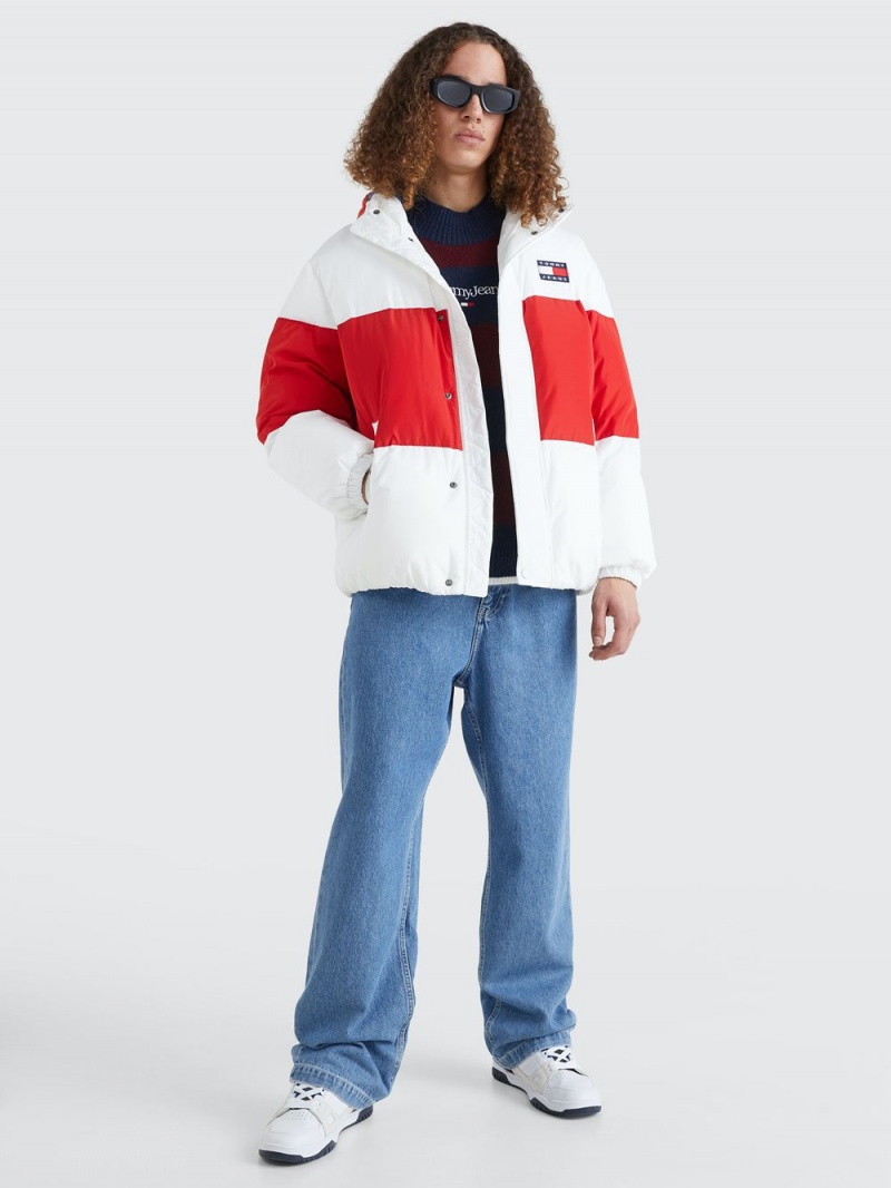 Tommy Hilfiger Shiny Colour-Blocked Oversized Puffer Jackor Herr Vita Röda | 704-BWEAXY