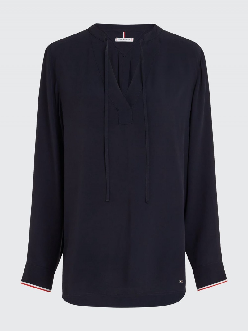 Tommy Hilfiger Signature Tape Regular Fit Crepe Blouse Skjorta Dam Marinblå | 908-VQXGBT