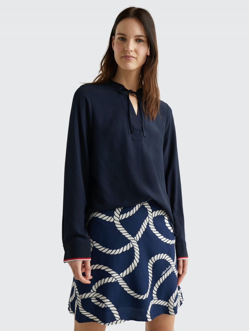 Tommy Hilfiger Signature Tape Regular Fit Crepe Blouse Skjorta Dam Marinblå | 908-VQXGBT