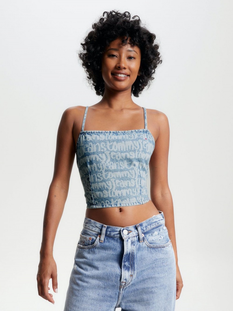 Tommy Hilfiger Spell-Out Logo Cropped Fit Blast Dam Blå | 761-ISVRXQ