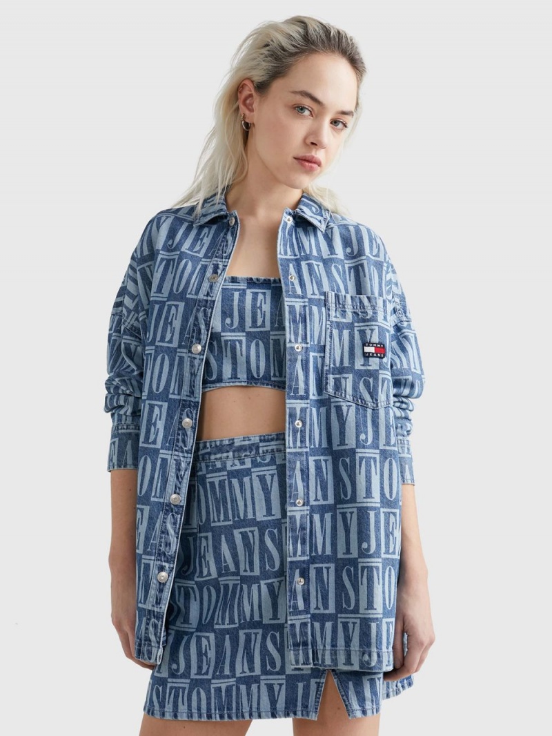 Tommy Hilfiger Spell-Out Logo Oversized Denim Skjorta Dam Blå | 430-ZRYKDO