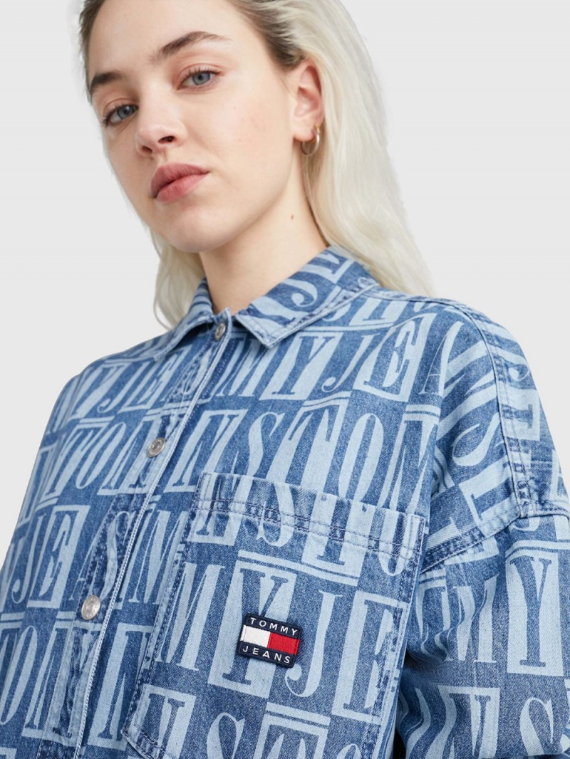 Tommy Hilfiger Spell-Out Logo Oversized Denim Skjorta Dam Blå | 430-ZRYKDO