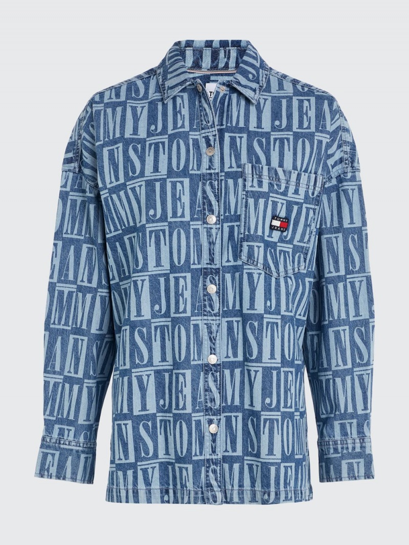 Tommy Hilfiger Spell-Out Logo Oversized Denim Skjorta Dam Blå | 430-ZRYKDO