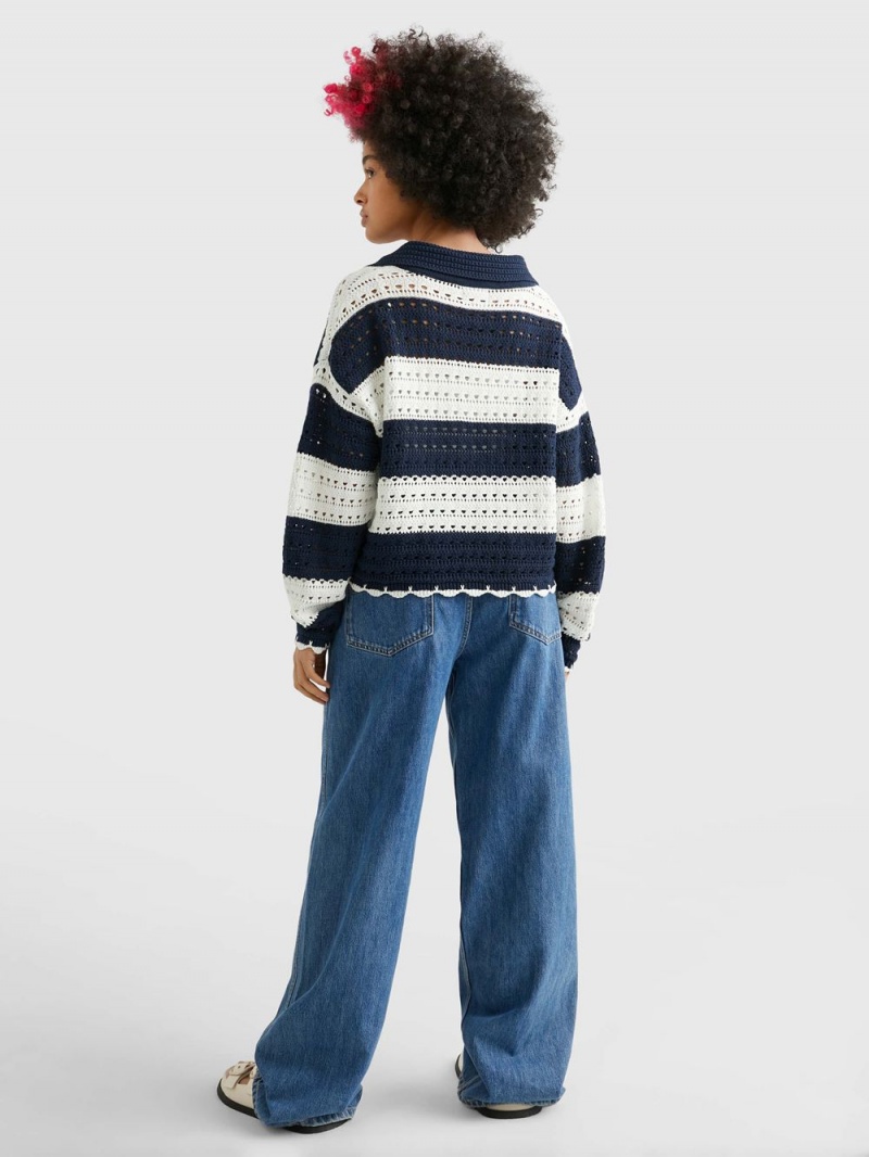 Tommy Hilfiger Stripe Crochet Jumpers Dam Marinblå Vita | 453-MUQAFY