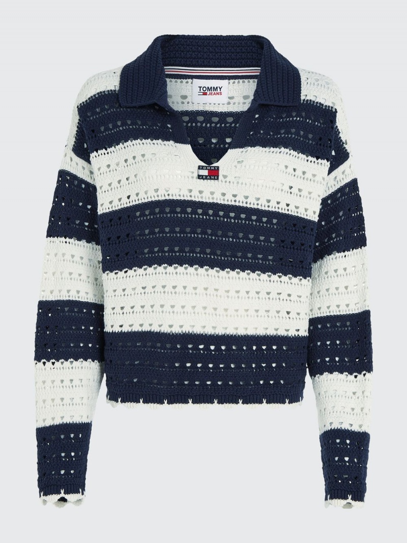 Tommy Hilfiger Stripe Crochet Jumpers Dam Marinblå Vita | 453-MUQAFY