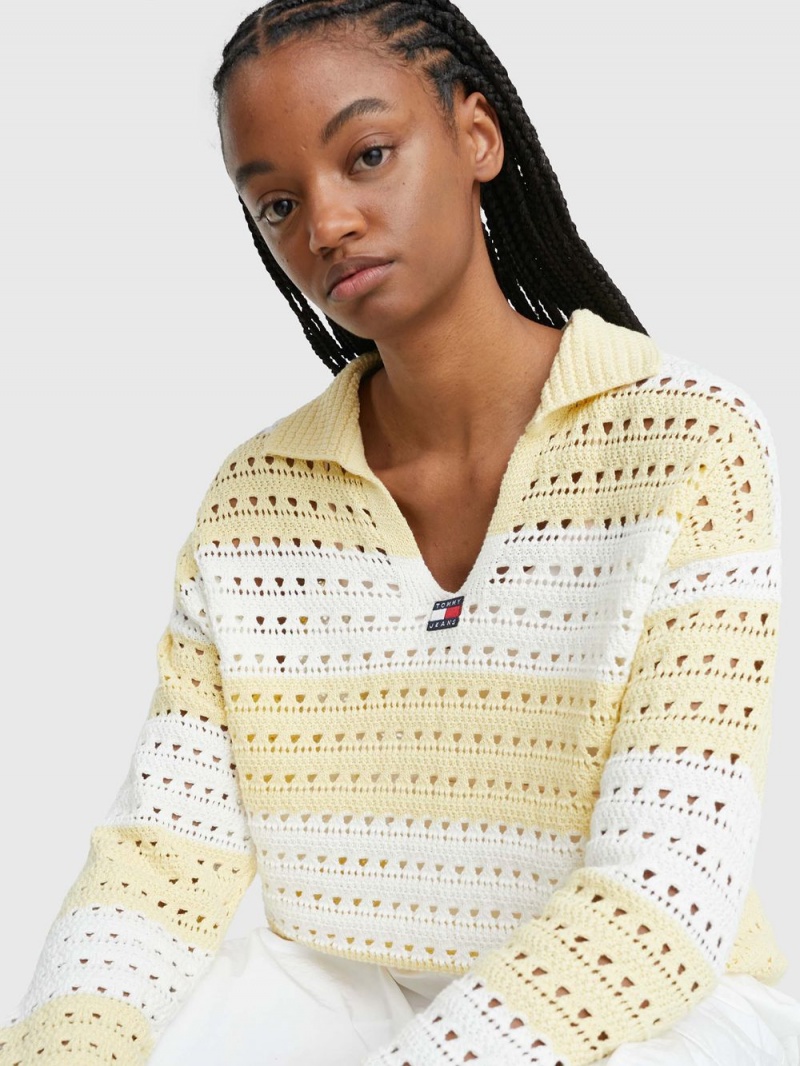 Tommy Hilfiger Stripe Crochet Jumpers Dam Citron Vita | 340-MNJLWD