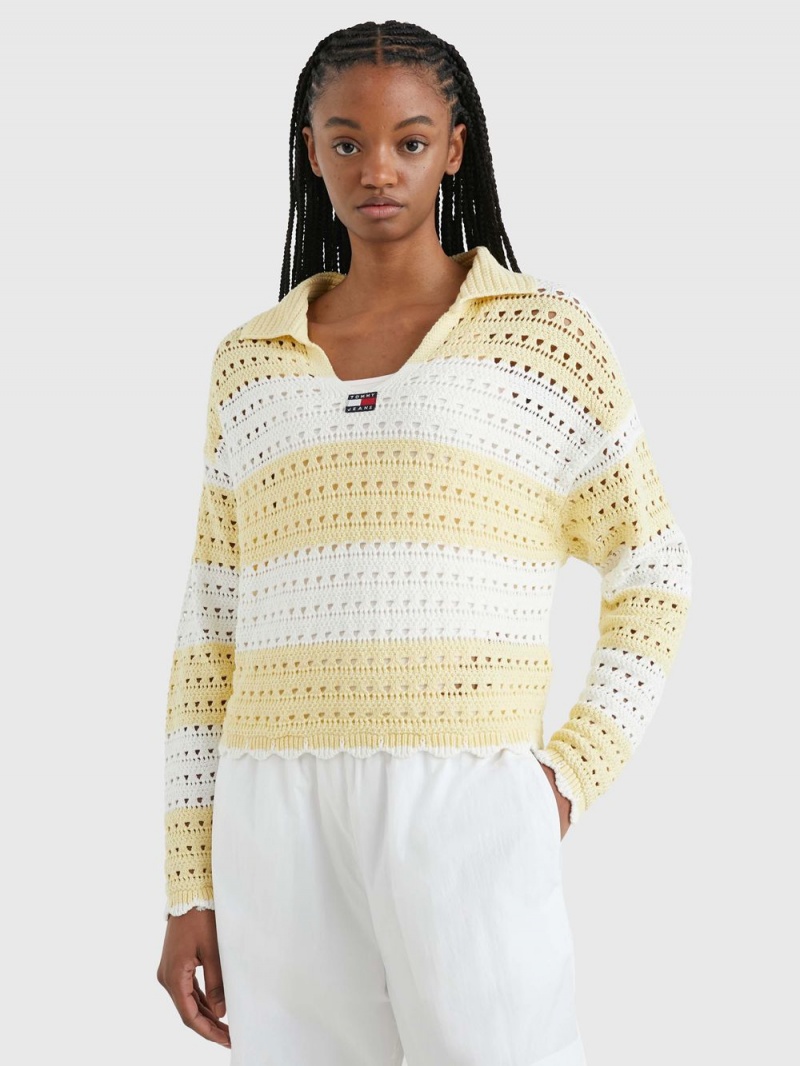 Tommy Hilfiger Stripe Crochet Jumpers Dam Citron Vita | 340-MNJLWD