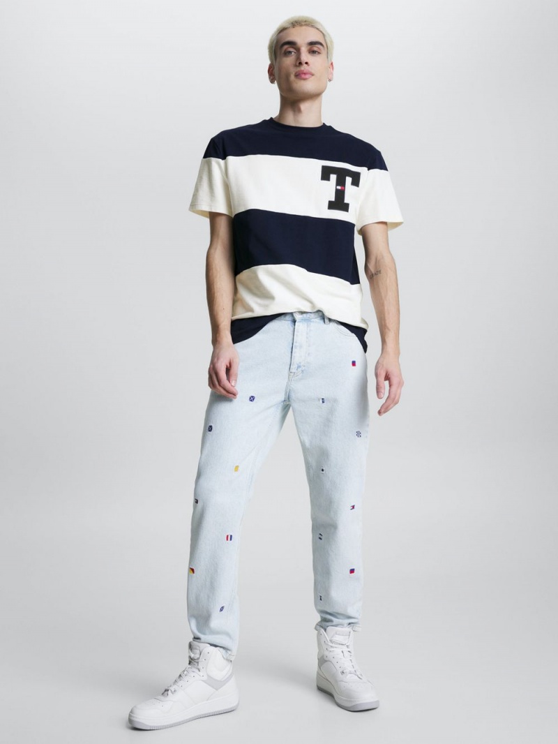 Tommy Hilfiger Stripe Klassiska Fit T-shirt Herr Marinblå Vita | 825-BUWXNT