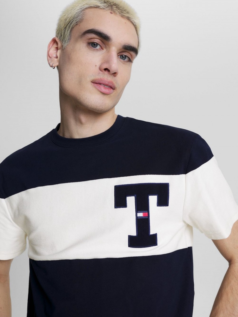 Tommy Hilfiger Stripe Klassiska Fit T-shirt Herr Marinblå Vita | 825-BUWXNT