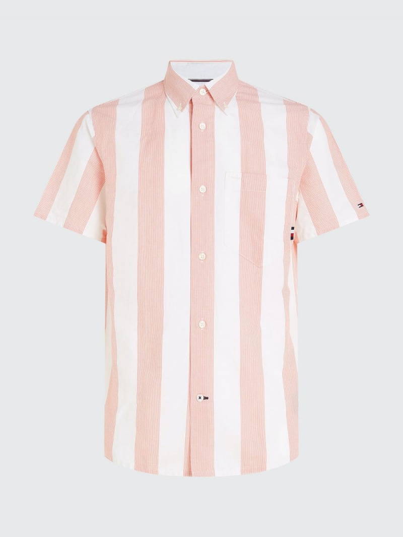 Tommy Hilfiger Stripe Regular Fit Korta Sleeve Skjorta Herr Rosa | 792-LFUEHA