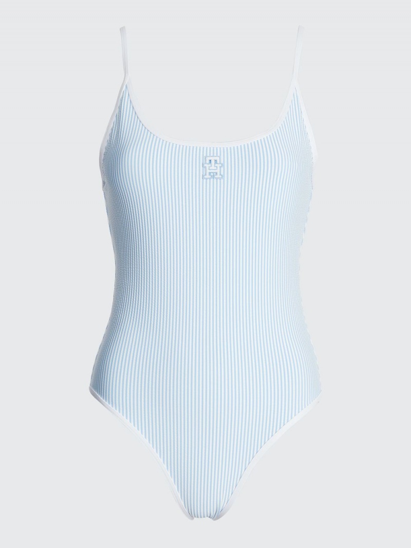 Tommy Hilfiger Stripe Seersucker One-Piece Badkläder Dam Blå | 056-TONIRY