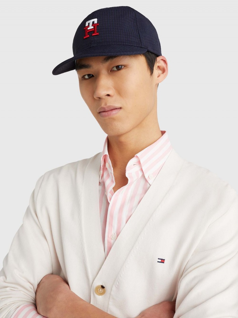 Tommy Hilfiger Textured Monogram Embroidery Baseball Kepsar Herr Marinblå | 031-JYPWNS