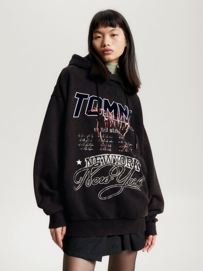 Tommy Hilfiger Tryck Logo Drawstring Hoodie Dam Svarta | 170-SECQJV