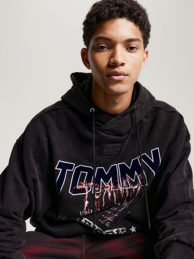 Tommy Hilfiger Tryck Logo Drawstring Hoodie Dam Svarta | 170-SECQJV