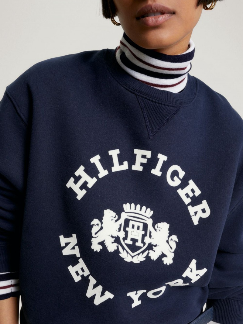 Tommy Hilfiger Varsity Flocked Logo Tröjor Dam Marinblå | 591-MVGWTI