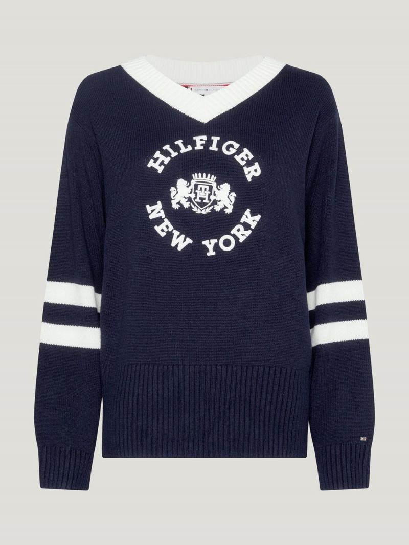 Tommy Hilfiger Varsity Logo Contrast Stripe V-Neck Jumpers Dam Marinblå | 967-YSBJRX